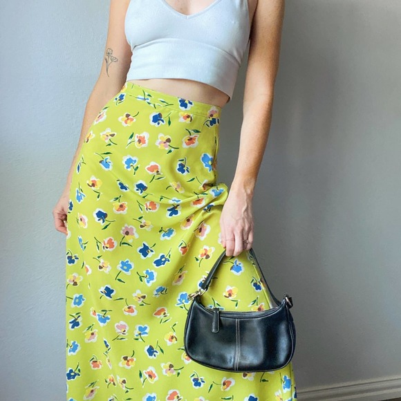 Vintage Dresses & Skirts - Vintage Lime Green Floral Print High Waist Maxi Slip Skirt